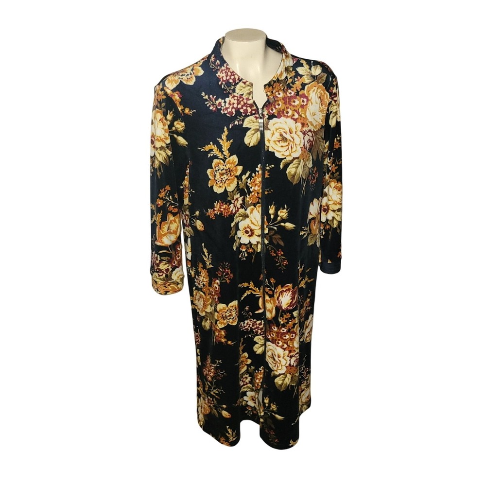 Miss Elaine Petites Navy Floral Velour Zip Front Robe Housecoat PS 876253DP